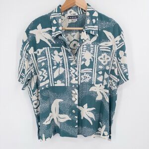 Vintage 90s Hawaiian Shirt Womens L Blue Beaded Tropical Boho Boxy Festival